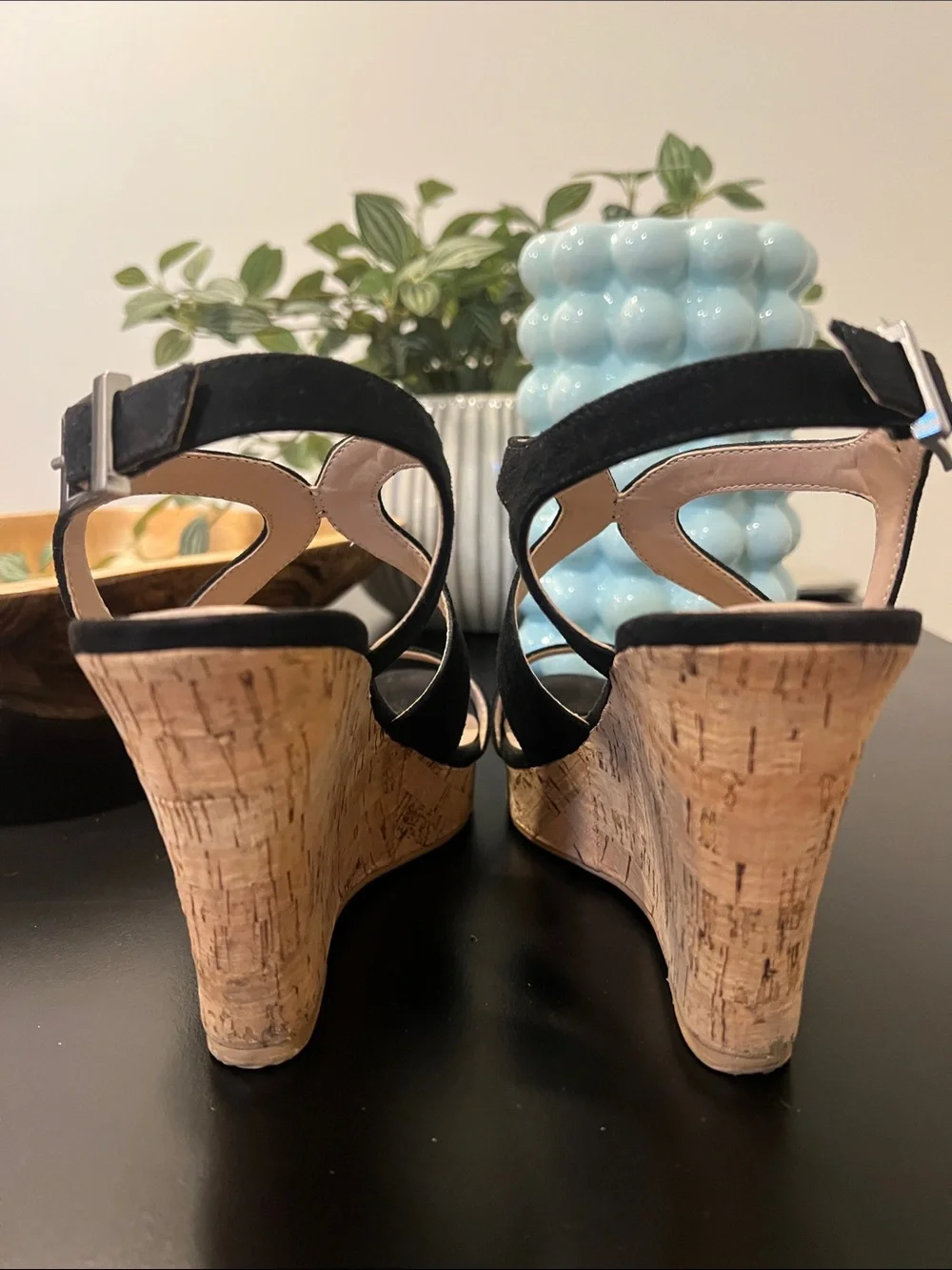 Neiman Marcus Black Suede Cork Wedge Sandals sz 6.5